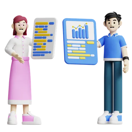 This 3 D Icon Shows Two People Holding Business Charts Representing Team Collaboration And Business Discussions Perfect For Illustrating Teamwork Business Meetings And Collaborative Projects 3D Illustration