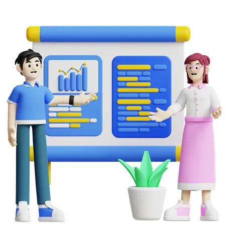 This 3 D Icon Features A Man And Woman Presenting Data In Front Of A Board Ideal For Illustrating Business Presentations Teamwork Office Meetings And Strategic Discussions 3D Illustration