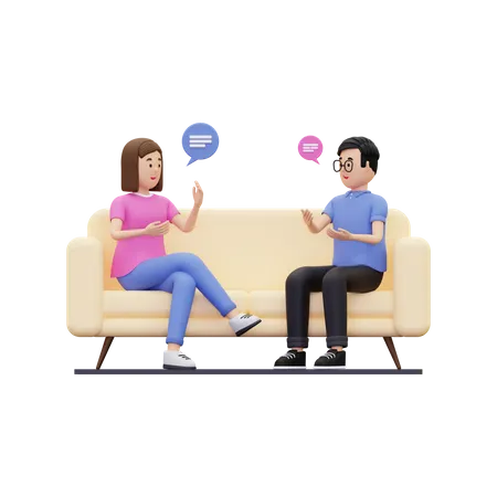 3 D A Man And A Woman Were Having A Chat While Sitting On The Sofa Illustration 3D Illustration