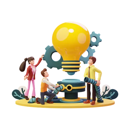 Teamwork to build bulb lamp  3D Illustration