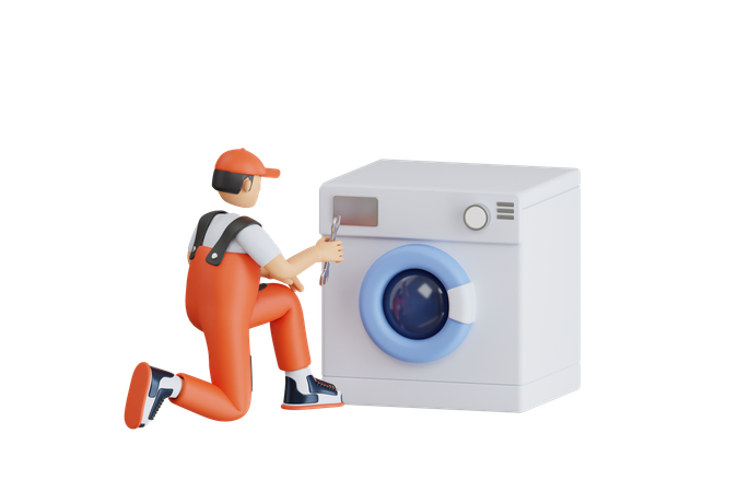 Technician Repairing Washing Machine At Home  3D Illustration