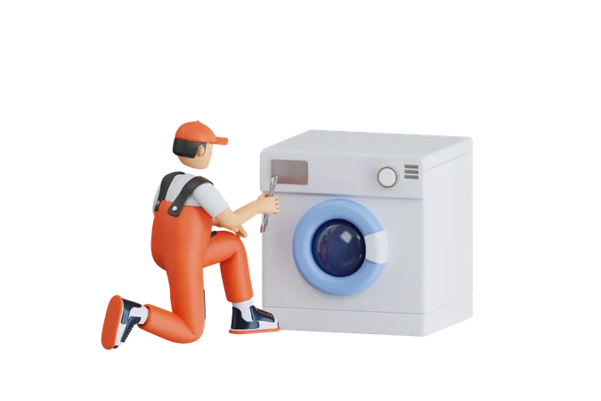 Technician Repairing Washing Machine At Home  3D Illustration