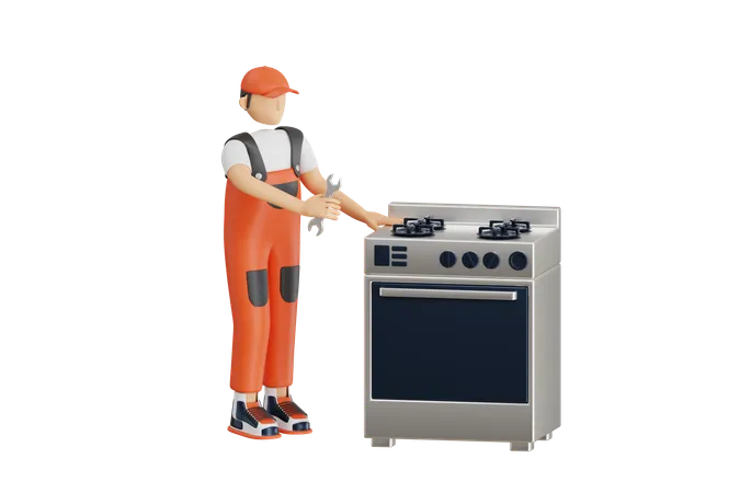 Technicien réparant une cuisinière à gaz  3D Illustration