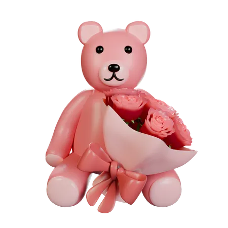 A Pink Teddy Bear With A Bouquet Of Roses High Resolution 3000 X 3000 Blend File PNG Transparent 3D Icon