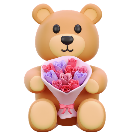 Teddy Bear Holding Bouquet Flower  3D Icon