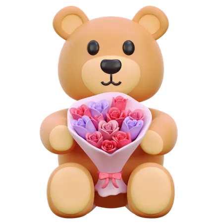 Teddy Bear Holding Bouquet Flower  3D Icon