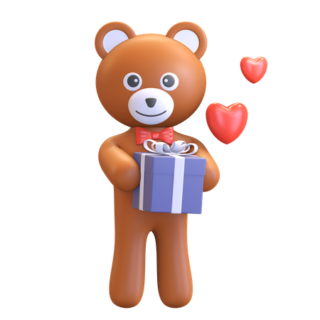 Teddy Bear Holding Gift Box  3D Illustration