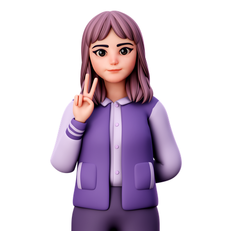 Teenage Girl Giving Peace Sign With Left Hand  3D Icon