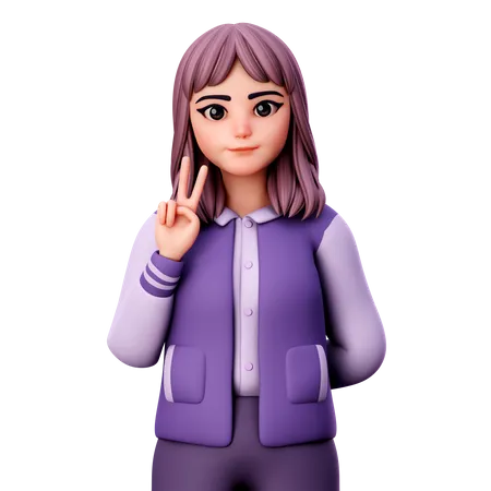 Teenage Girl Giving Peace Sign With Left Hand  3D Illustration