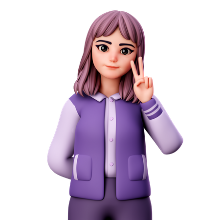 Teenage Girl Giving Peace Sign With Right Hand  3D Icon