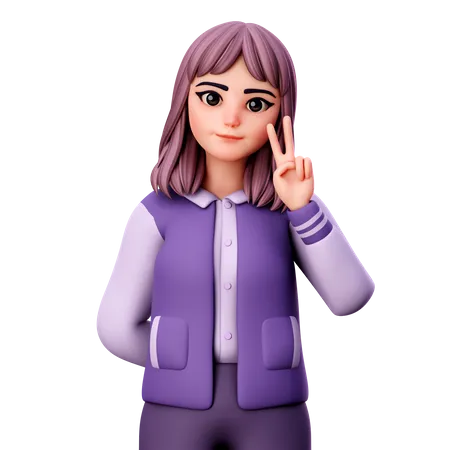 Teenage Girl Giving Peace Sign With Right Hand  3D Illustration