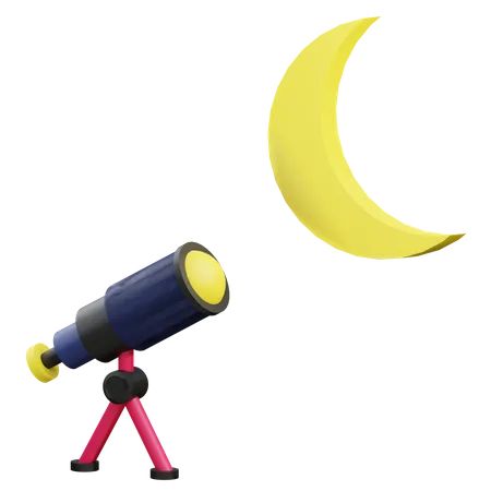 3 D Telescope And Crescent Moon Illustration On Transparent Background 3D Icon