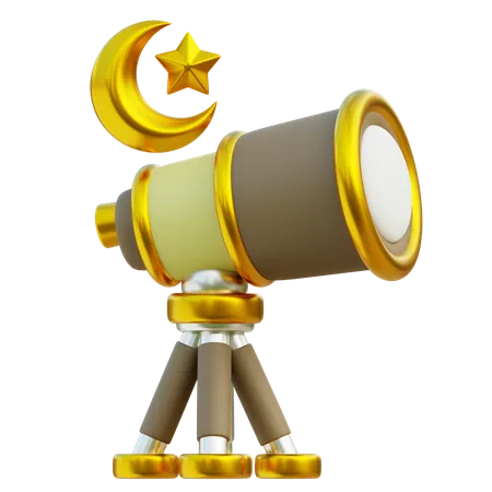 3 D Render Of Telescope With Crescent Moon And Star Symbolizing Eid Celebration 3D Icon