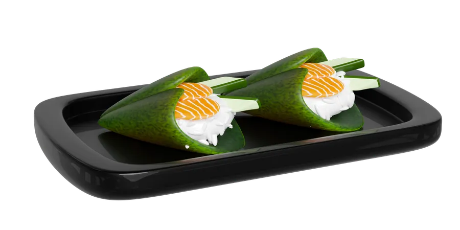 3 D Temaki Sushi With Rice Salmon Cucumber Seaweed On Food Tray Japanese Food Isolated Concept 3 D Render Illustration 3D Icon