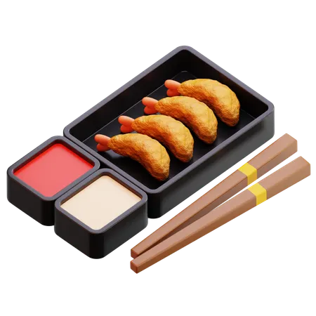 Tempura Shrimp With Chopsticks And Sauces  3D Icon