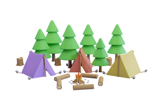 Acampar Rodeado De Pinheiros Conceito De Viagens E Camping Tenda Perto Da Fogueira Renderizacao 3 D 3D Illustration
