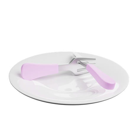 Cuchara de tenedor y cuchillo en plato.  3D Illustration