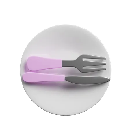 Cuchara de tenedor y cuchillo en plato.  3D Illustration