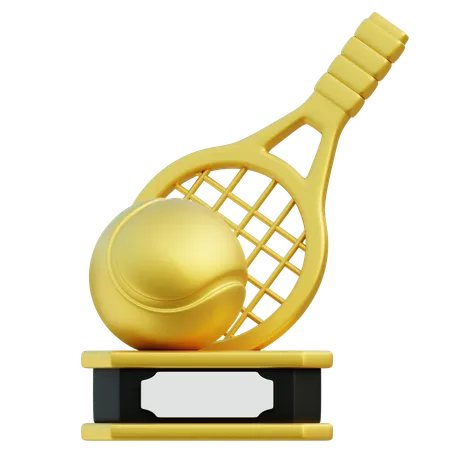 3 D Gold Trophy Featuring A Tennis Racket And Ball Symbolic Of Triumph And Distinction In Tennis Competitions 3D Icon