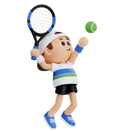 Tennisspieler springt für Tennisaufschlag  3D Illustration