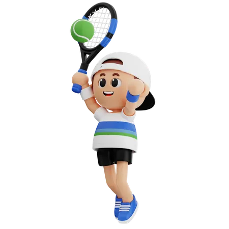 Tennisspieler zerschmettert Tennisball  3D Illustration