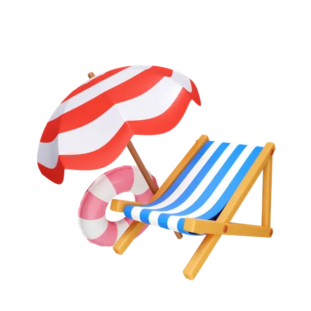 3 D Sillas De Playa Y Sombrillas Con Anillo De Natacion Concepto De Vacaciones Y Vacaciones De Verano Icono Aislado Sobre Fondo Blanco Ilustracion De Representacion 3 D Trazado De Recorte 3D Icon