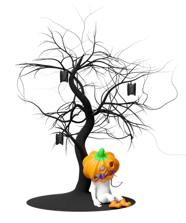 Tête de citrouille, homme dormant sous un arbre mort  3D Icon