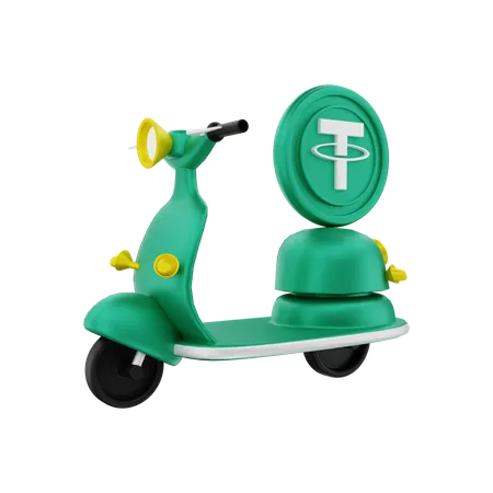 Tether crypto coin delivery by motorbike  3D Illustration