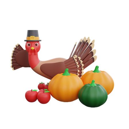 Dinde de pèlerinage de Thanksgiving à l'automne des citrouilles  3D Icon