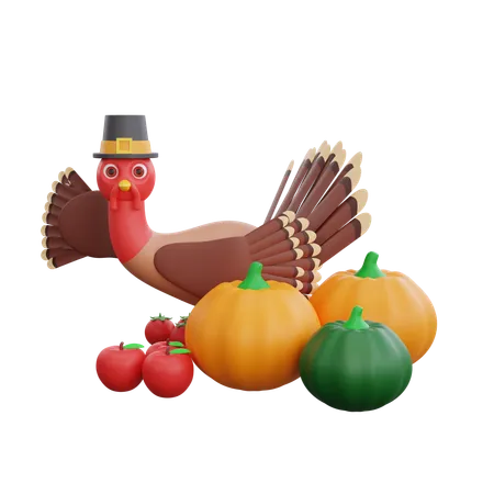 Dinde de pèlerinage de Thanksgiving à l'automne des citrouilles  3D Icon