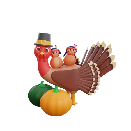 Thanksgiving Pilgrim Turkey In Pumpkins Fall  3D Icon