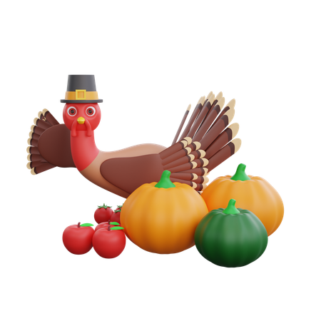 Thanksgiving Pilgrim Turkey In Pumpkins Fall  3D Icon