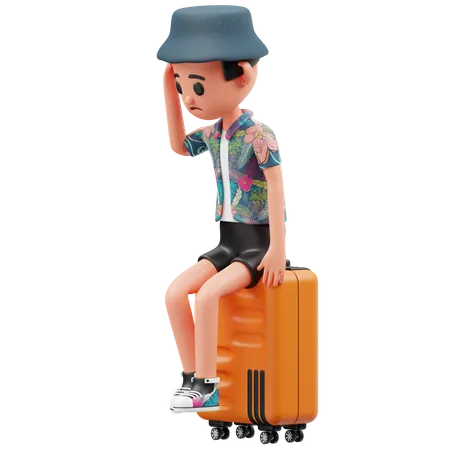 The Child Is Sad On The Suitcase  3D Illustration