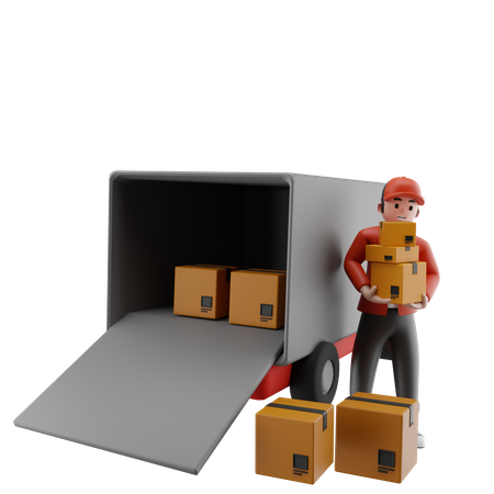 The courier is loading packages into the truck  3D Icon