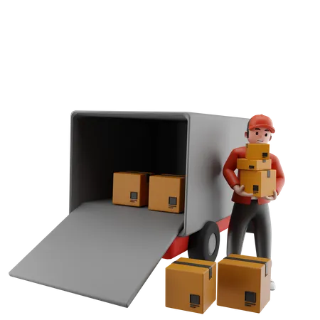 The courier is loading packages into the truck 3D Illustration