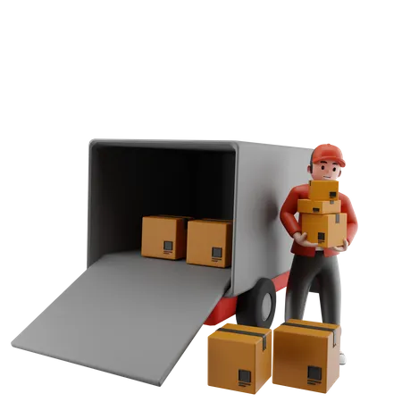 The courier is loading packages into the truck  3D Illustration