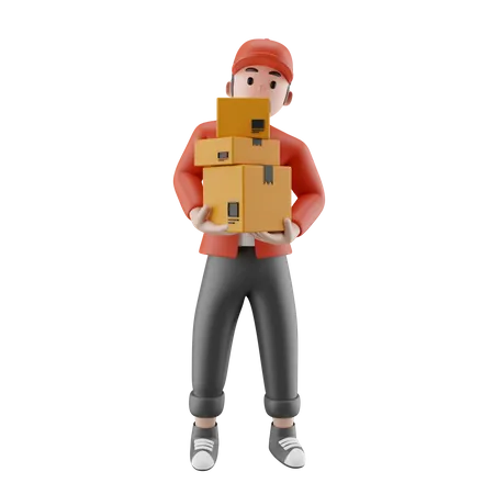 The delivery man holds a cardboard box  3D Illustration