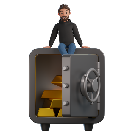 The man is sitting on bank locker  3D Illustration