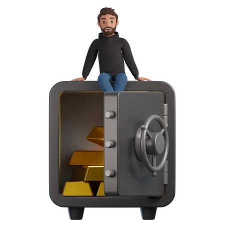 The man is sitting on bank locker  3D Illustration