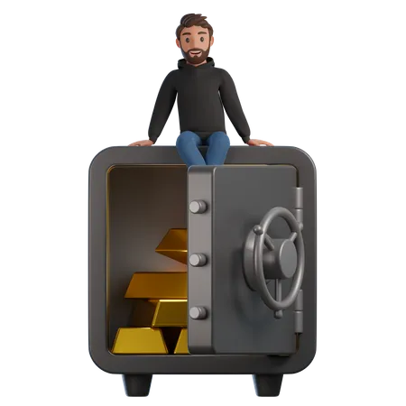 A Man In A Black Hoodie And Blue Jeans Is Sitting On The Safe 3 D Render Illustration 3D Illustration