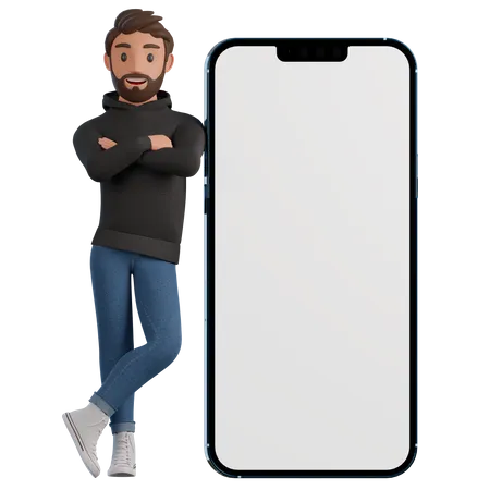 A Man In A Black Hoodie And Blue Jeans Is Leaning On A Huge Phone Mocap 3 D Render Illustration 3D Illustration