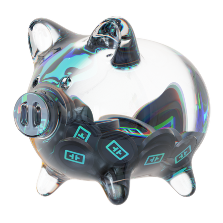 Theta Clear Glass Piggy Bank With Decreasing Piles Of Crypto Coins  3D Icon