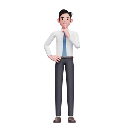 Thinking businessman wearing long shirt and blue tie  3D Illustration