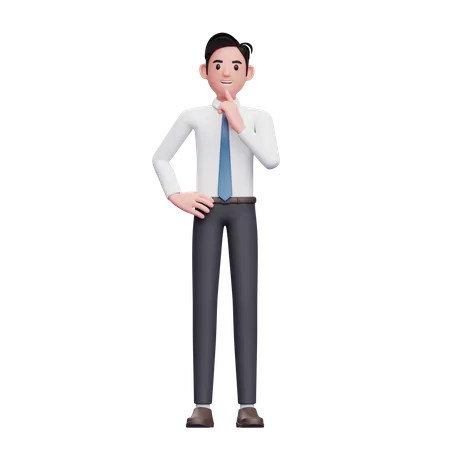Thinking businessman wearing long shirt and blue tie 3D Illustration