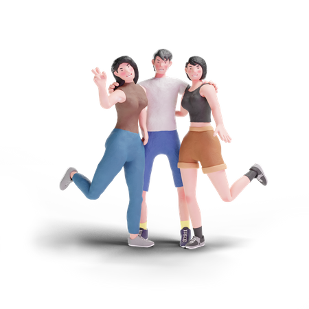 Three Happy friends standing with arm around  3D Illustration