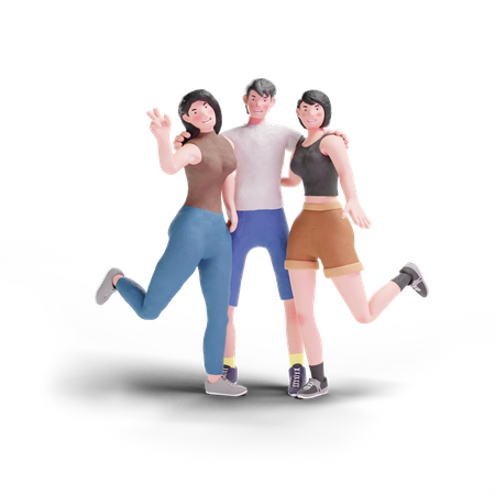 Three Happy friends standing with arm around 3D Illustration