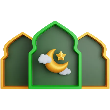 3 D Rendering Three Muslim Window Ornament With Crescent Moon Isolated 3D Icon