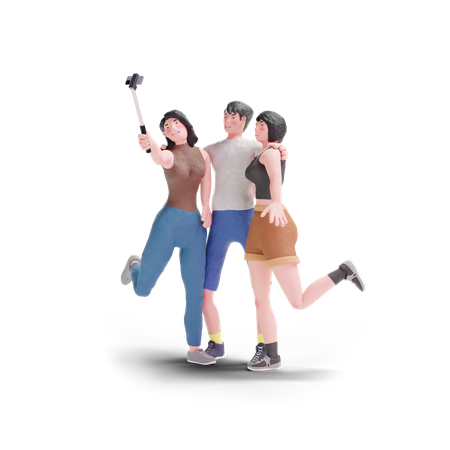 Three people selfie with selfie stick 3D Illustration
