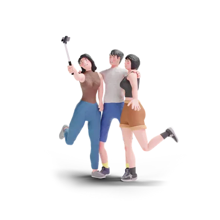 Three people selfie with selfie stick  3D Illustration