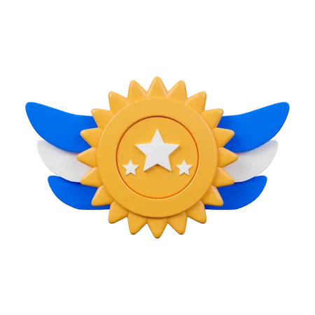 Three Stars Medal With Two Blue And White Wings 3D Icon
